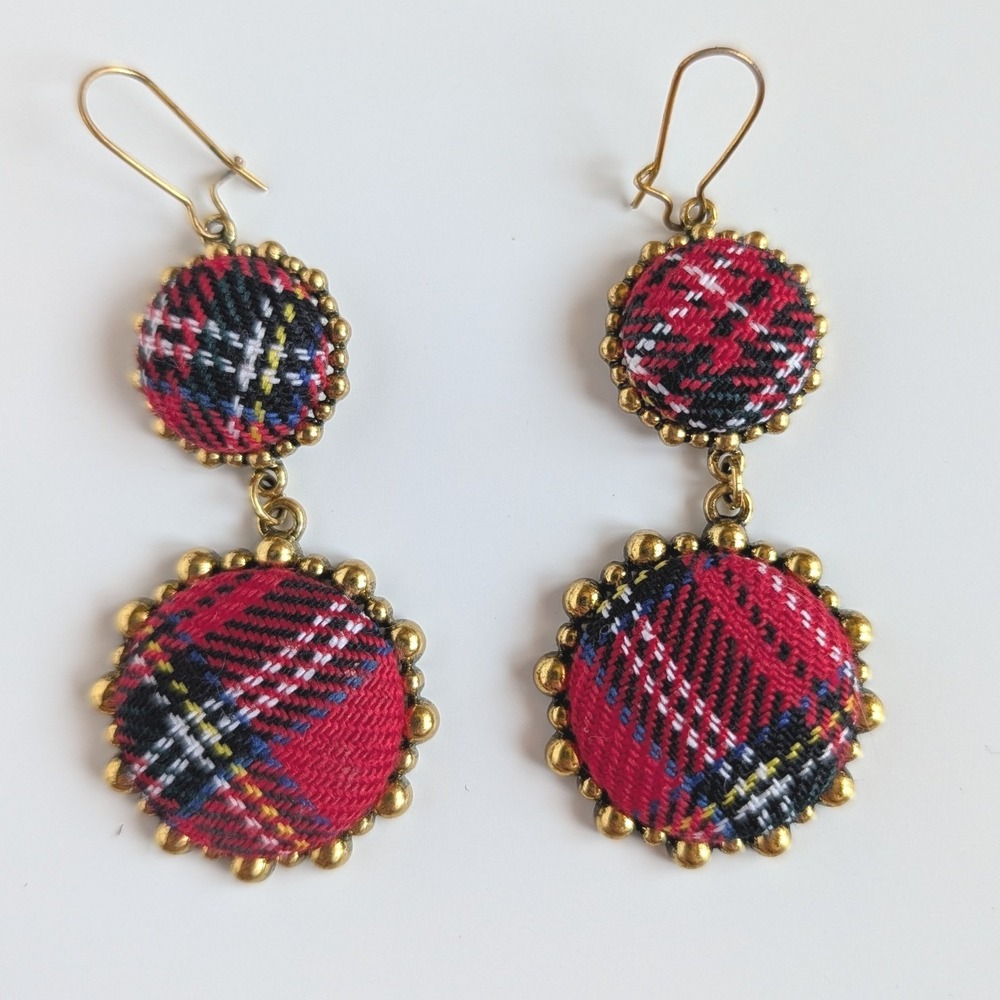 Red Plaid Fabric Button Drop Earrings Gold Tone Beaded Border Tartan Dangle